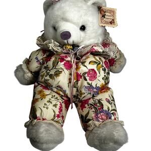 Vintage White Fur Plush Large Teddy Bear Adorable Memories Floral Lacy Jumper